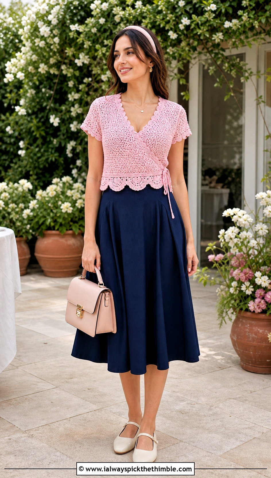 Scalloped Crochet Wrap Top With A Line Skirt - 25 crochet wrap top outfit ideas