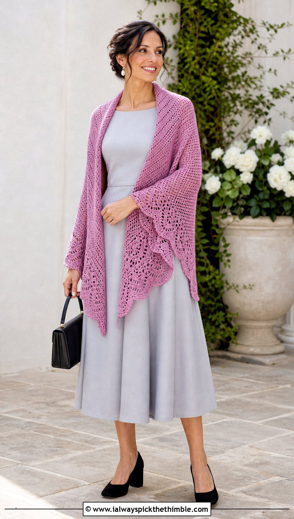 Scalloped Crochet Wrap With A Line Dress - 25 crochet wrap with sleeves outfit ideas
