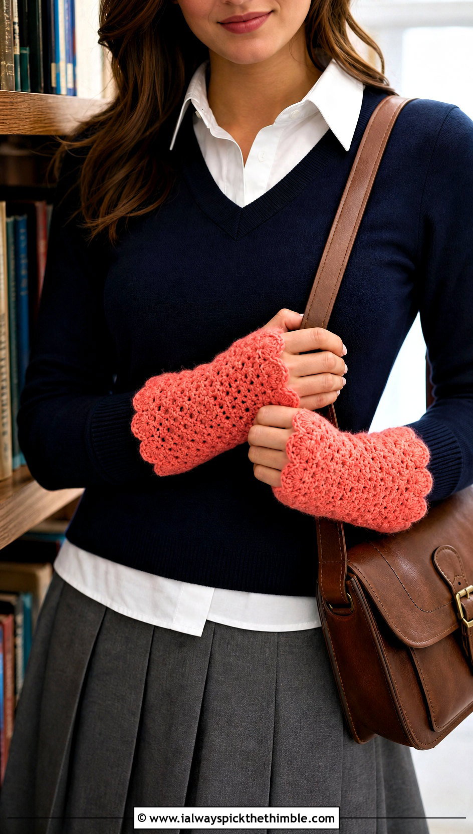 Scalloped Crochet Wrist Warmers With Preppy Outfit - 25 Crochet Handwarmer outfit ideas