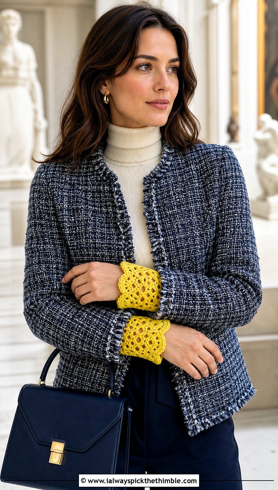 Scalloped Crochet Wristlets With Tweed Jacket - 20 crochet hand mittens outfit ideas