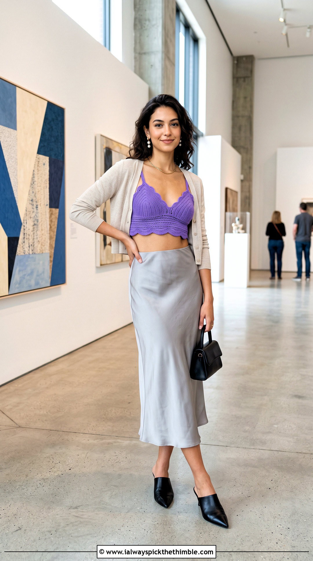 Scalloped Crocheted Bralette With Satin Midi Skirt - 20 crocheted bralette outfit ideas