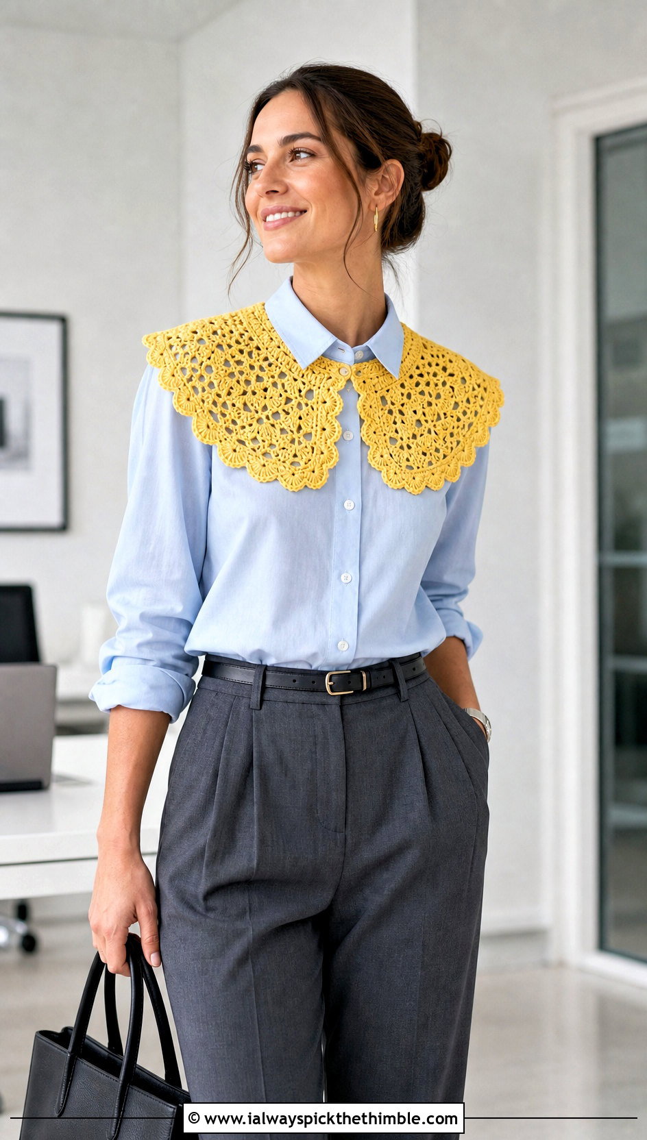 Scalloped Crocheted Lace Collar With Button Down Shirt - 15 Crocheted Collars outfit ideas