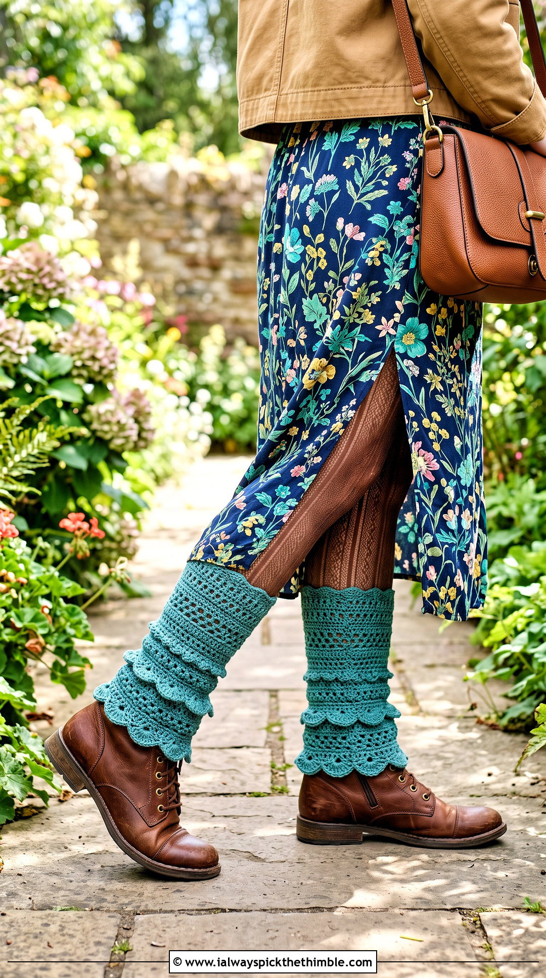 Scalloped Crocheted Leg Warmers With A Floral Midi Dress - 25 Crocheted Leg Warmers outfit ideas