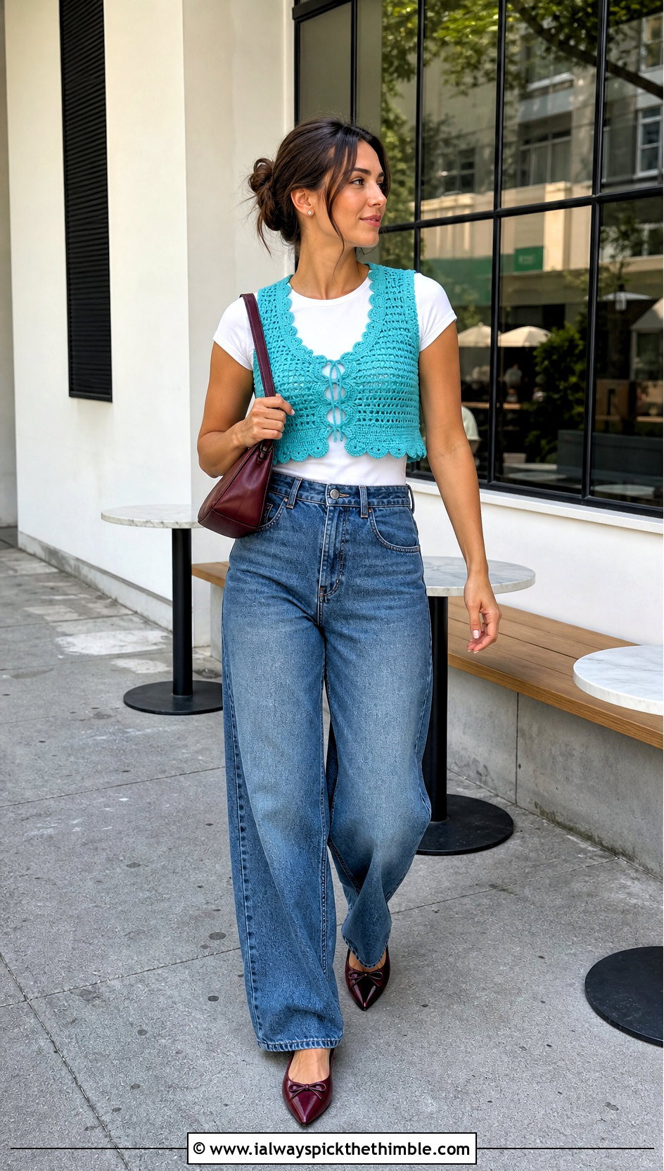 Scalloped Cropped Crochet Sweater Vest With Barrel Leg Jeans - 15 Cropped Crochet Sweater Vest outfit ideas