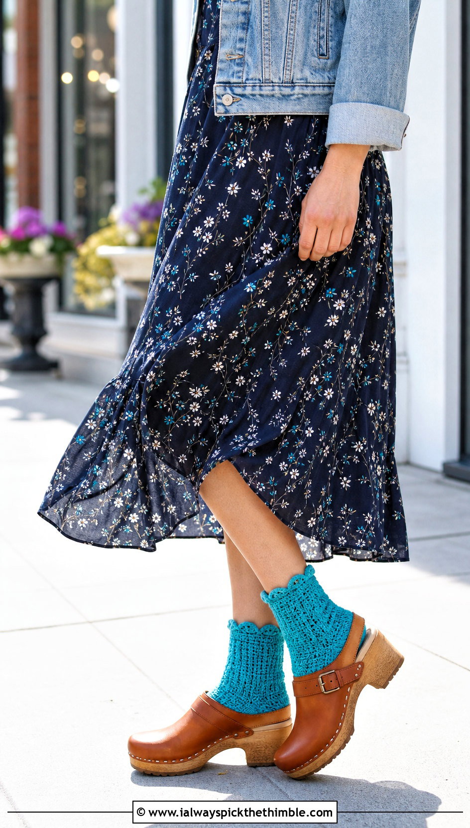 Scalloped Cuff Chunky Crochet Socks With A Floral Midi Dress - 20 Chunky Crochet Socks outfit ideas