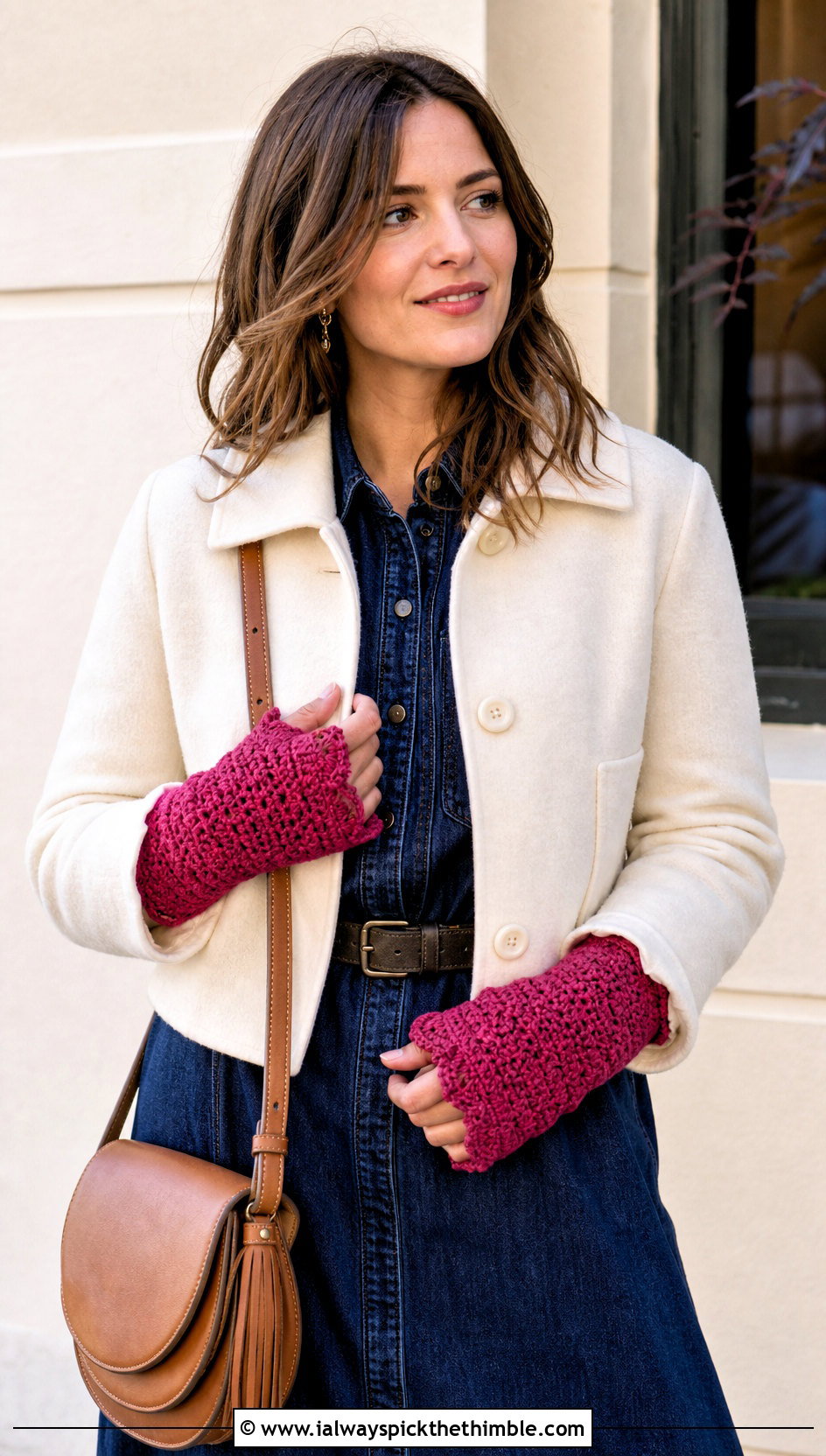 Scalloped Cuff Convertible Crochet Mittens With Denim Dress - 20 Convertible Crochet Fingerless Mittens outfit ideas