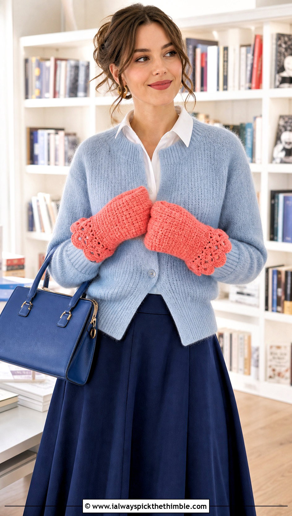 Scalloped Cuff Crochet Chunky Mittens With Cardigan And Midi Skirt - 20 crochet chunky mittens outfit ideas