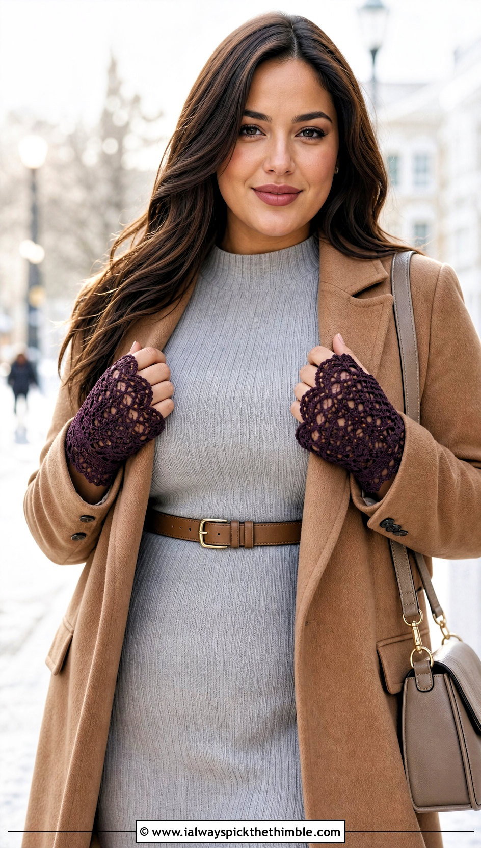 Scalloped Cuff Crochet Lace Hand Warmers With Sweater Dress - 20 Crochet Lace Hand Warmers outfit ideas