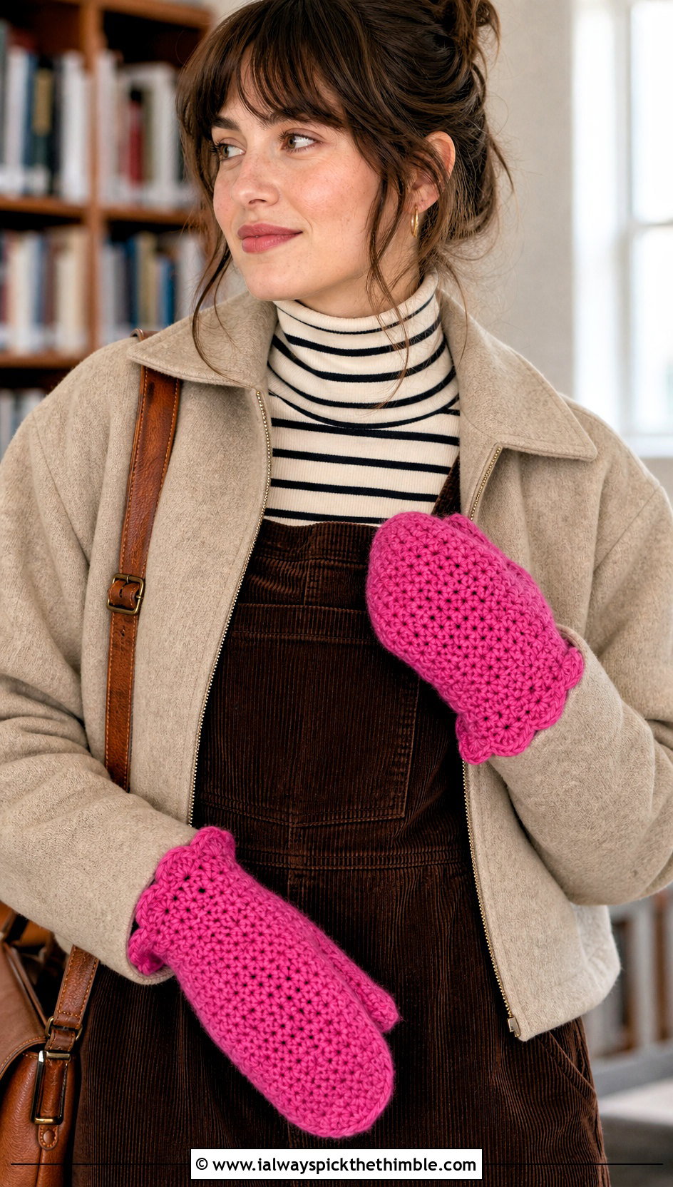 Scalloped Cuff Crochet Mittens With A Corduroy Pinafore - 15 vintage crochet mitten outfit ideas