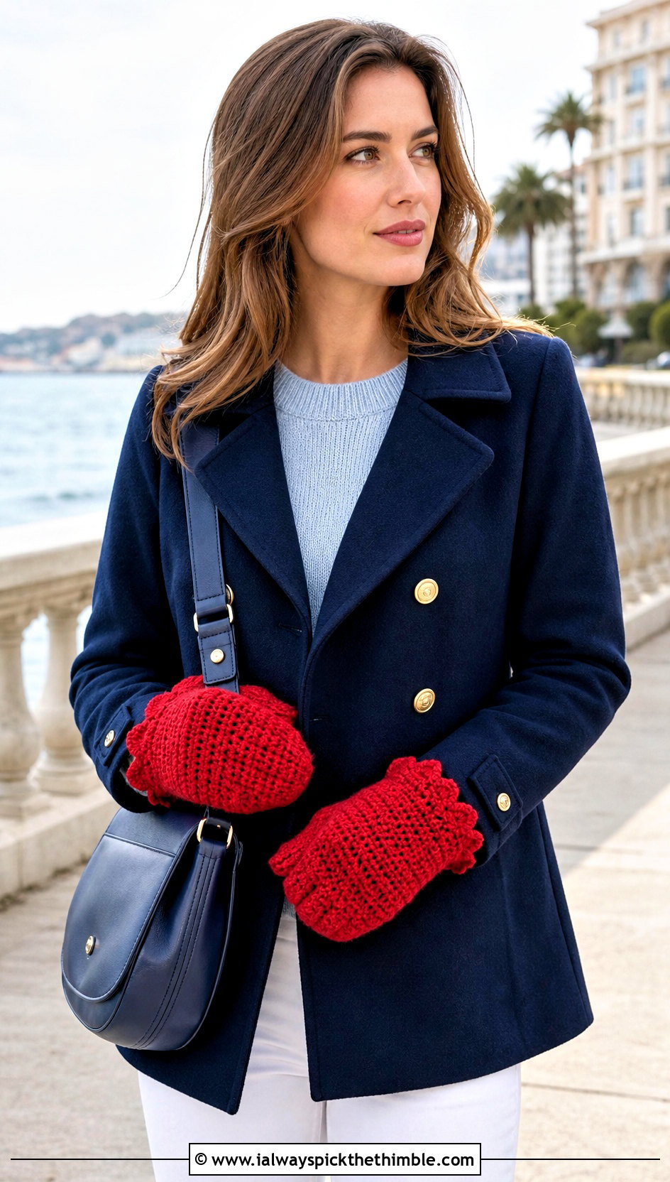 Scalloped Cuff Crochet Mittens With Peacoat - 20 women crochet mittens outfit ideas