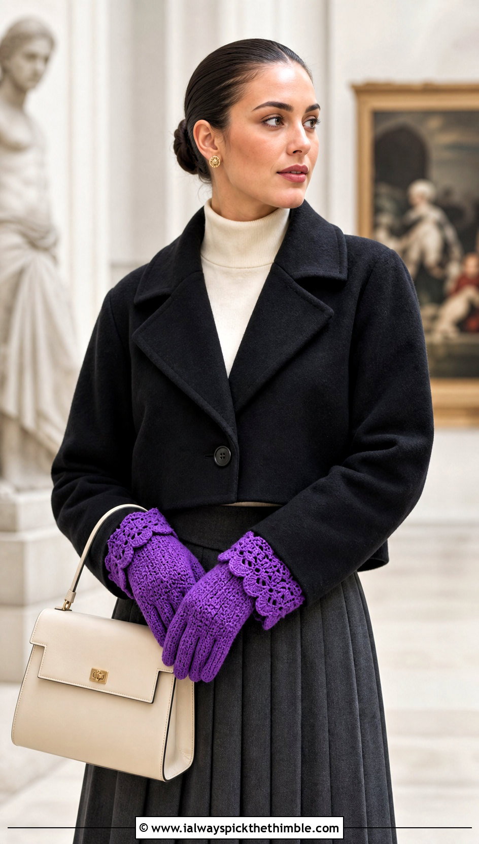 Scalloped Cuff Full Finger Crochet Gloves With Midi Skirt - 25 crochet gloves fingers outfit ideas