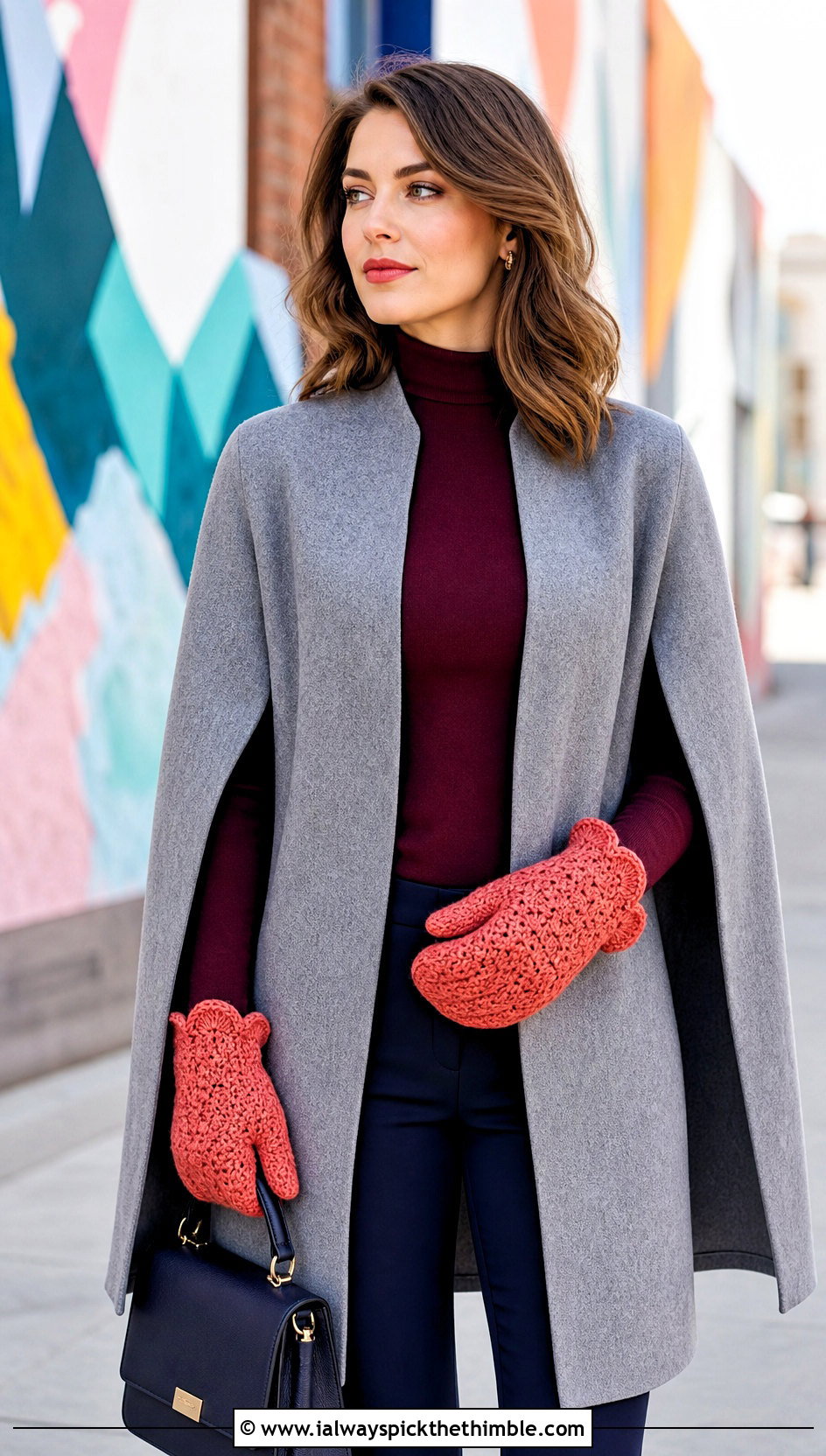 Scalloped Cuff Tabi Crochet Mittens With Cape Coat And Slim Trousers - 20 Tabi Crochet Mittens outfit ideas