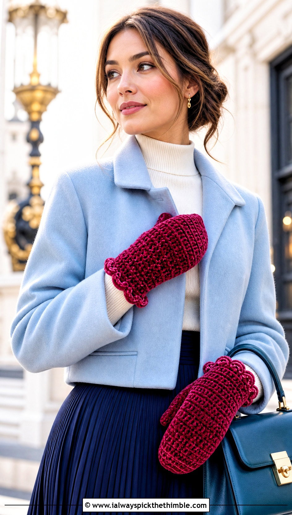 Scalloped Cuff Velvet Crochet Mittens With Pleated Skirt - 20 velvet crochet mittens outfit ideas