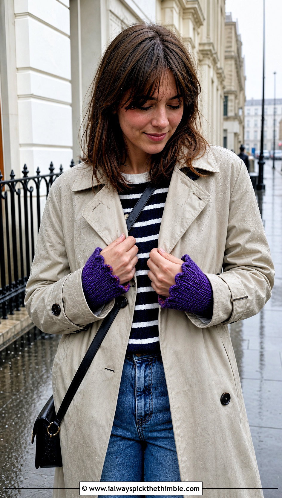 Scalloped Cuff Wrist Warmers With Trench Coat And Straight Jeans - 25 crochet wrist warmers outfit ideas