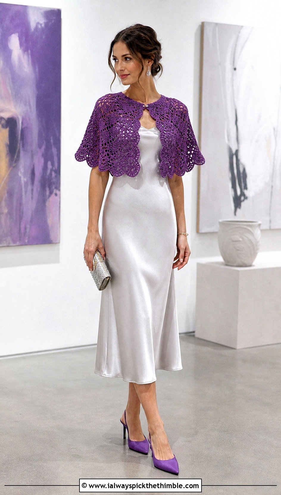 Scalloped DIY Crochet Cape With Satin Slip Dress - 15 diy crochet cape outfit ideas