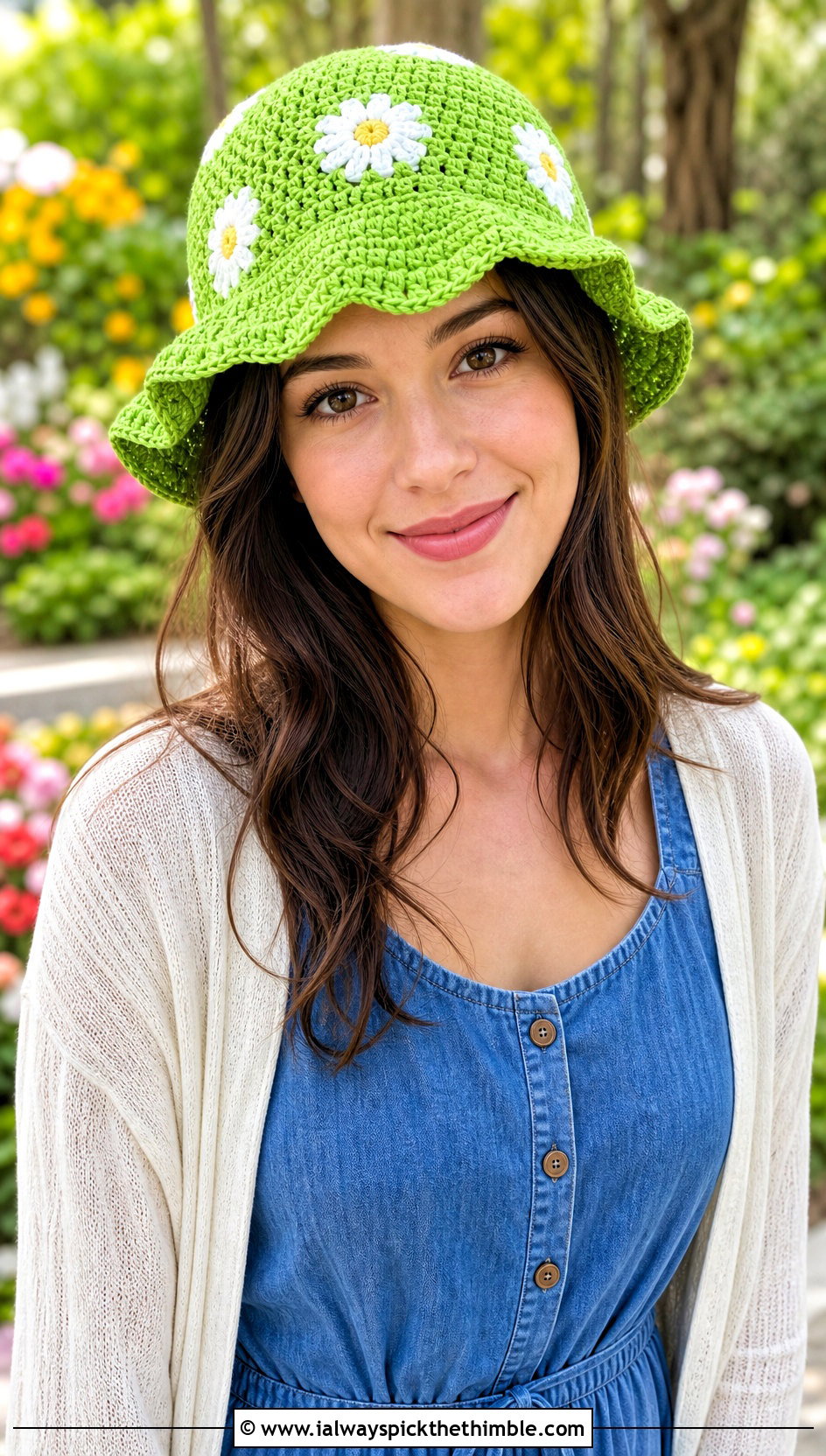 Scalloped Daisy Crochet Bucket Hat With Midi Dress - 20 daisy crochet bucket hat outfit ideas