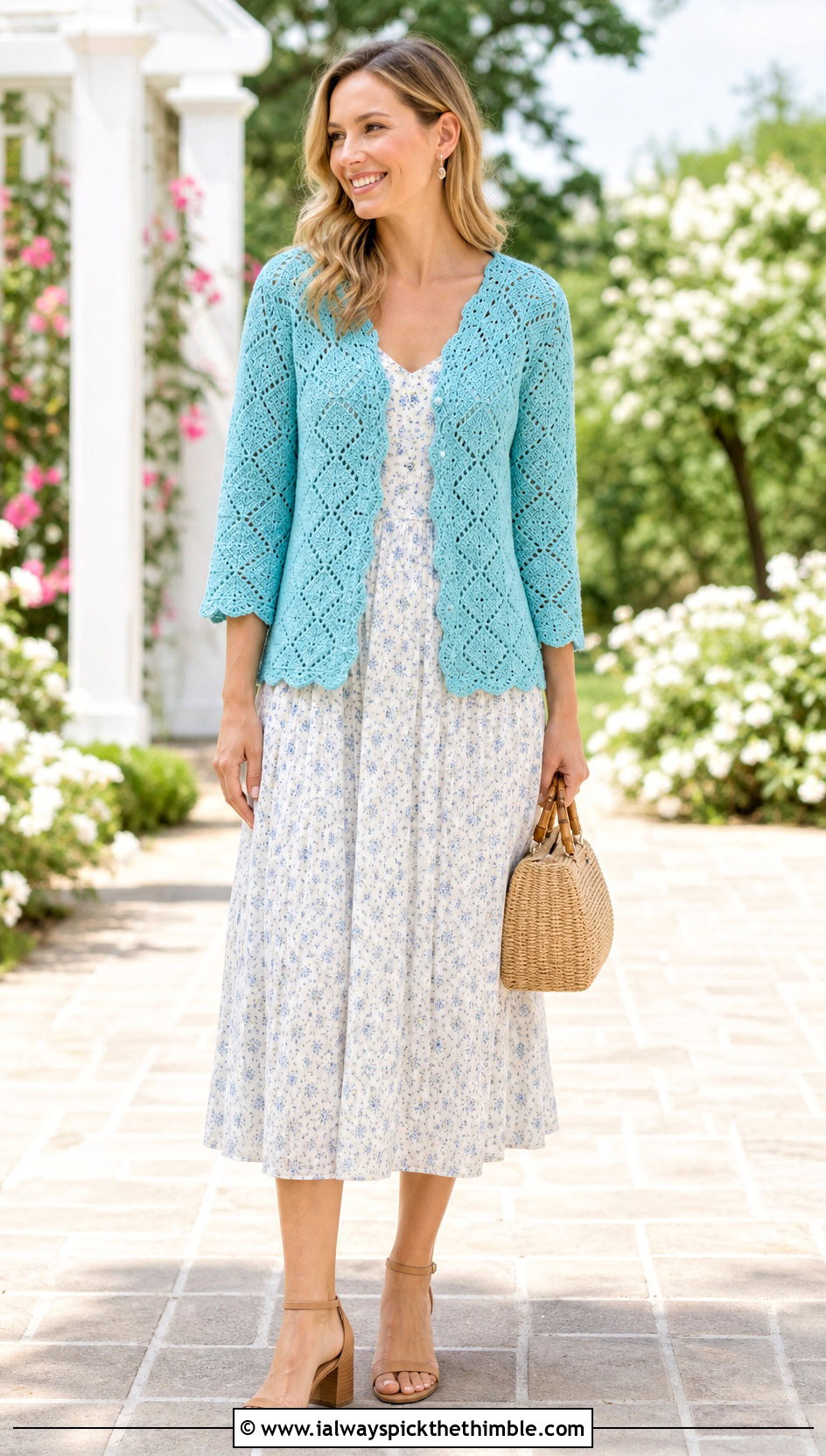 Scalloped Diamond Crochet Cardigan With Floral Midi Dress - 20 diamond crochet cardigan outfit ideas