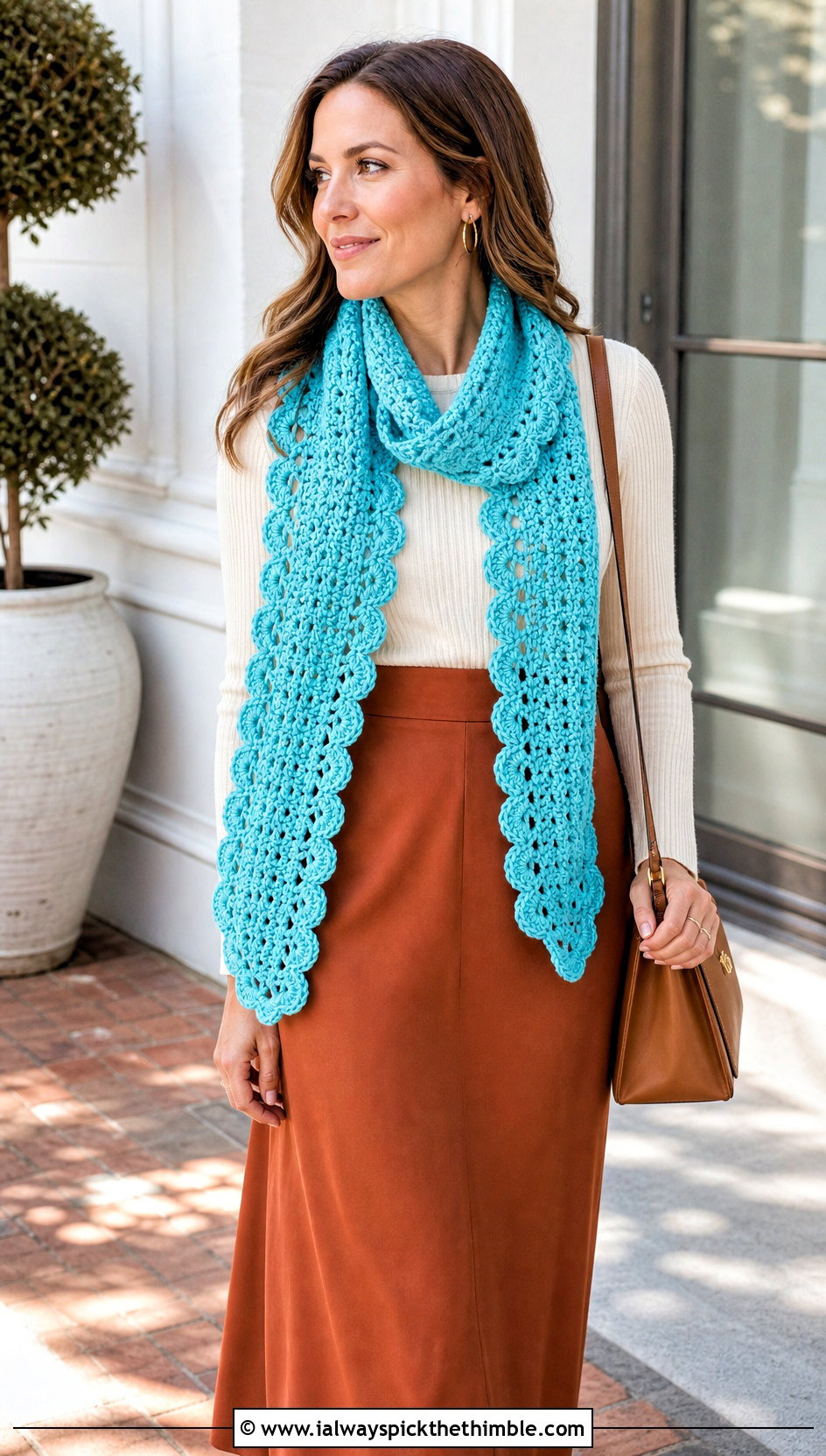 Scalloped Double Crochet Scarf With Midi Skirt - 25 double crochet scarf outfit ideas