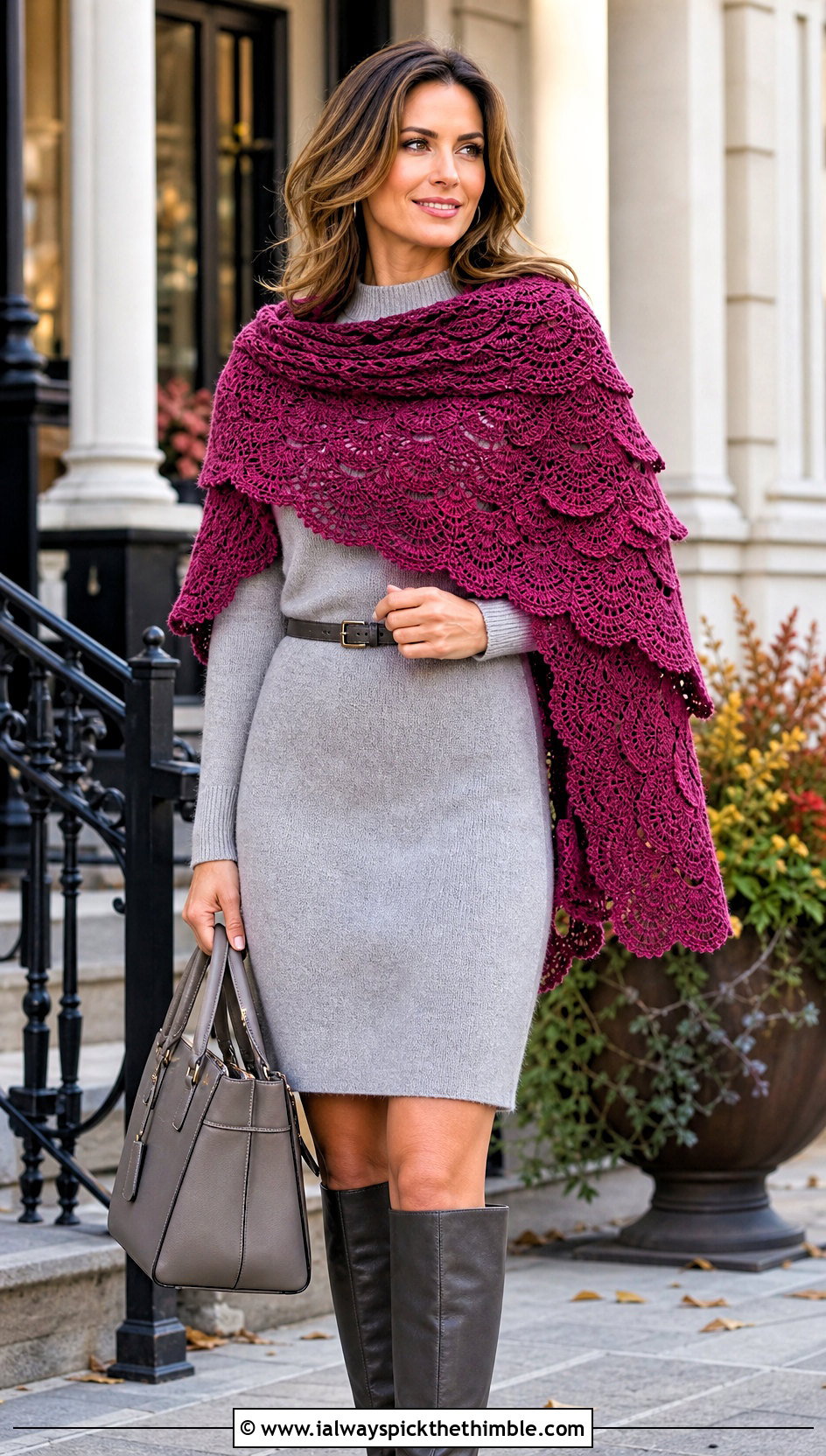 Scalloped Double Crochet Shawl With Sweater Dress - 20 Double Crochet Shawl outfit ideas