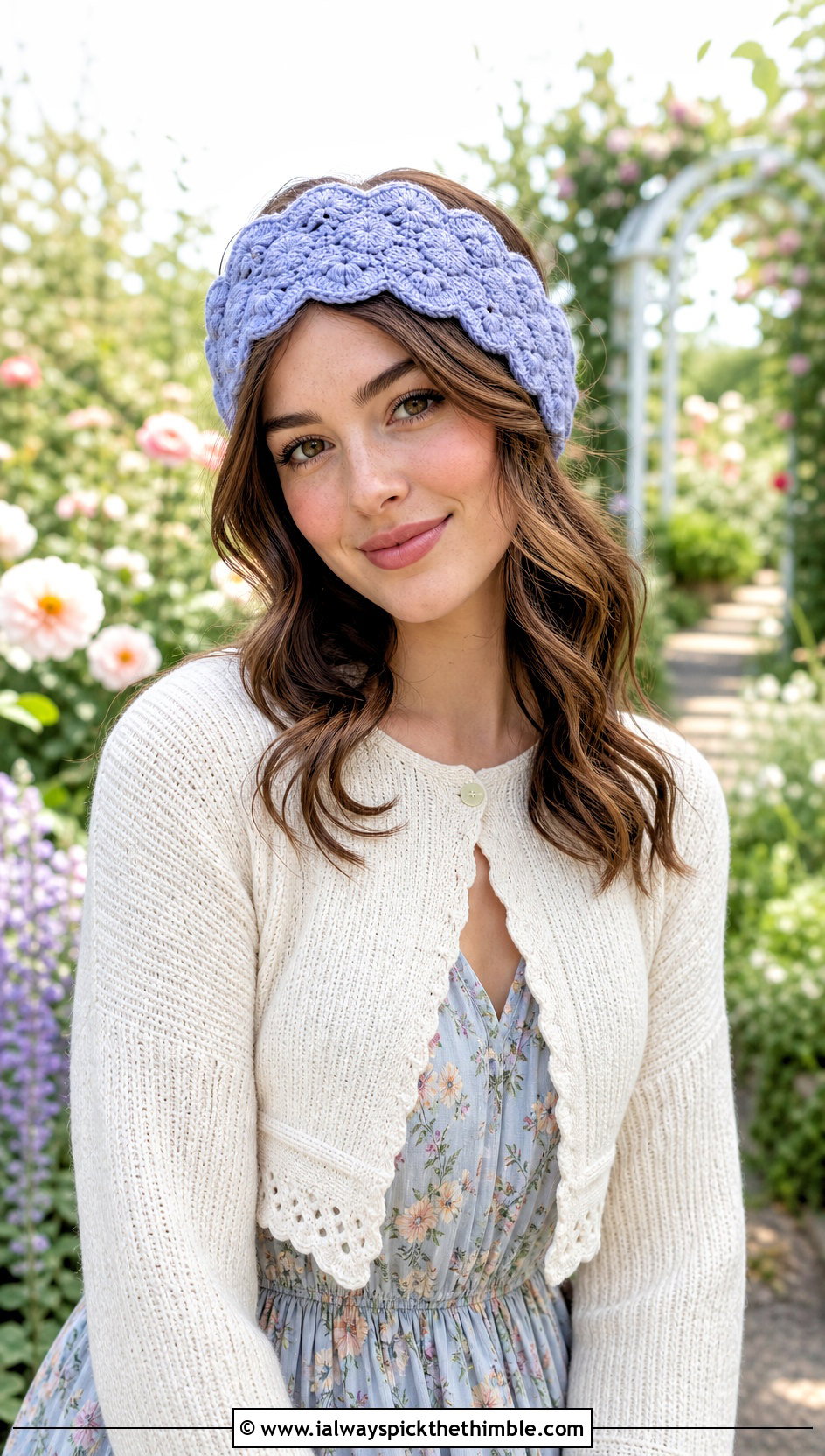 Scalloped Ear Warmer With Cardigan And Floral Dress - 20 Easy Crocheted Headbands Ear Warmers outfit ideas