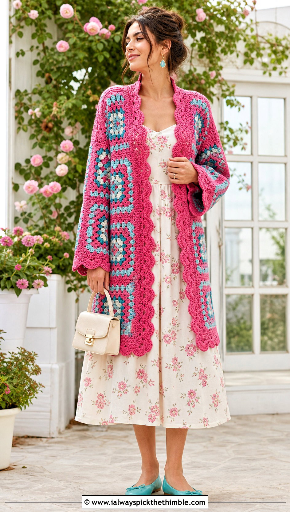 Scalloped Edge Big Granny Square Cardigan With Floral Midi Dress - 25 Big Granny Square Cardigan outfit ideas