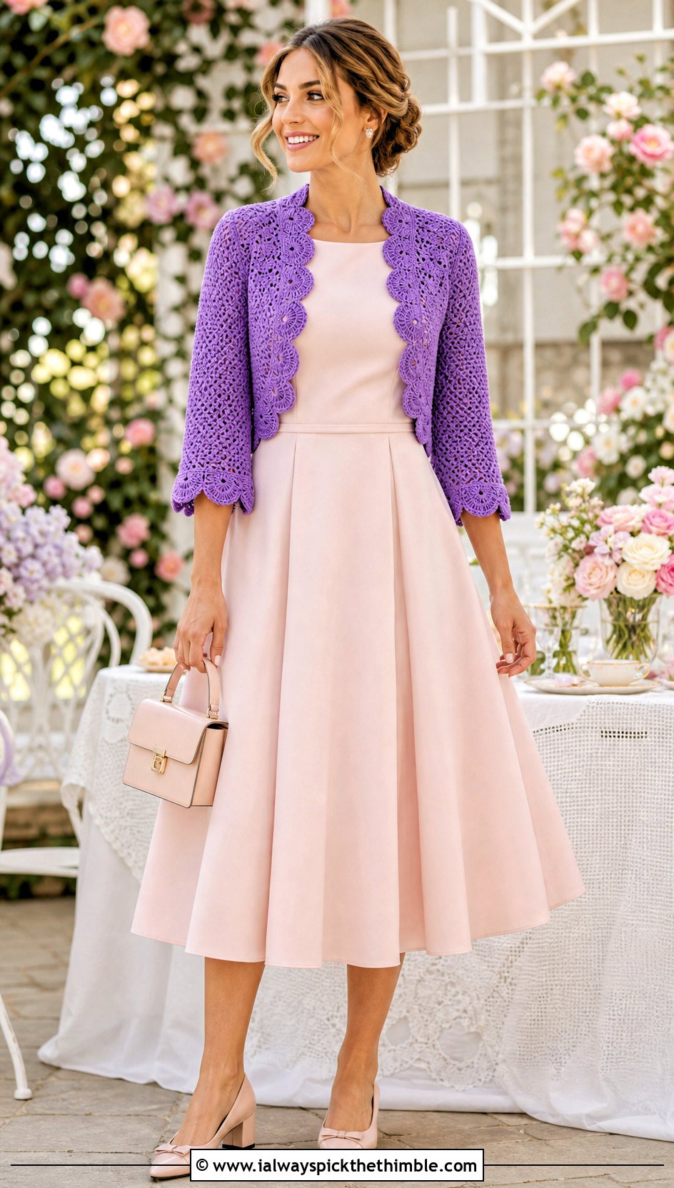 Scalloped Edge Bolero With Fit And Flare Dress - 25 crochet shrug bolero outfit ideas