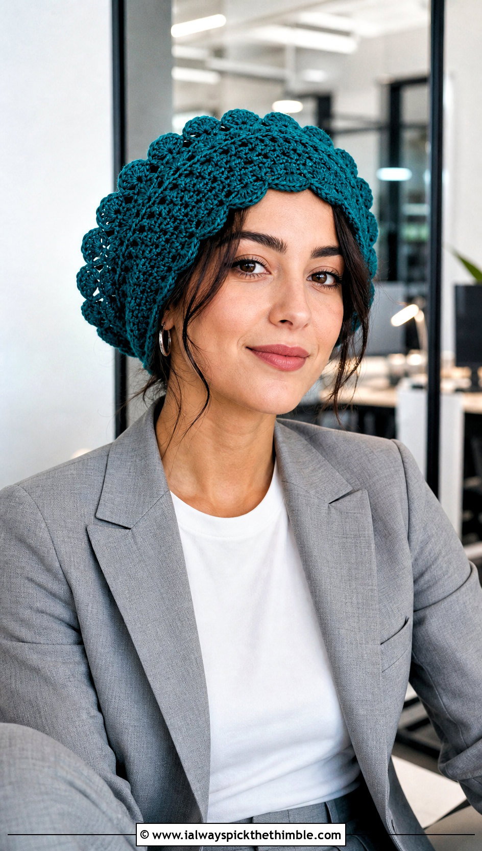 Scalloped Edge Bonnet With Tailored Pantsuit - 25 crochet bonnets outfit ideas