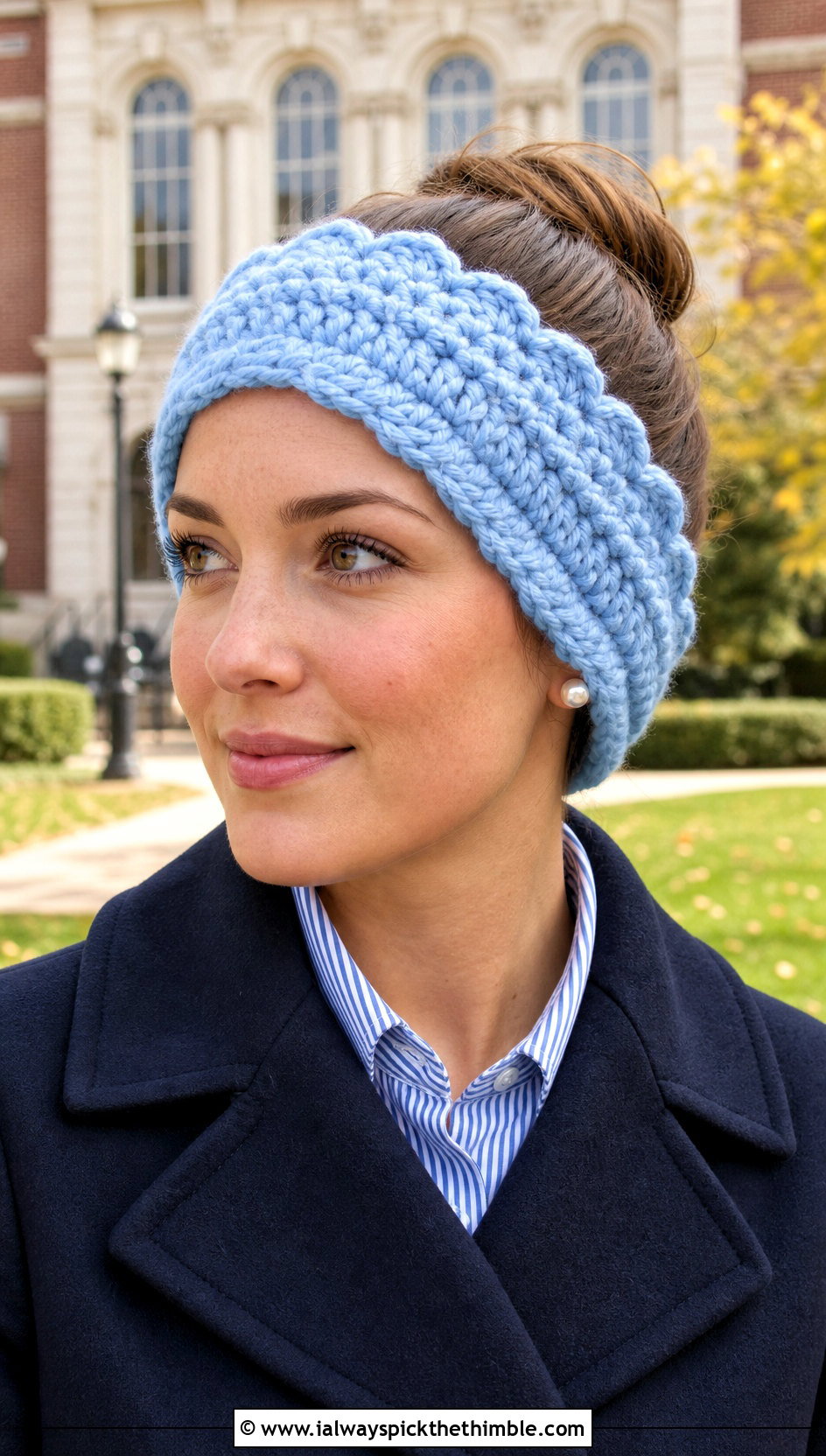Scalloped Edge Bulky Yarn Crochet Ear Warmer With Peacoat - 20 Bulky Yarn Crochet Ear Warmer outfit ideas