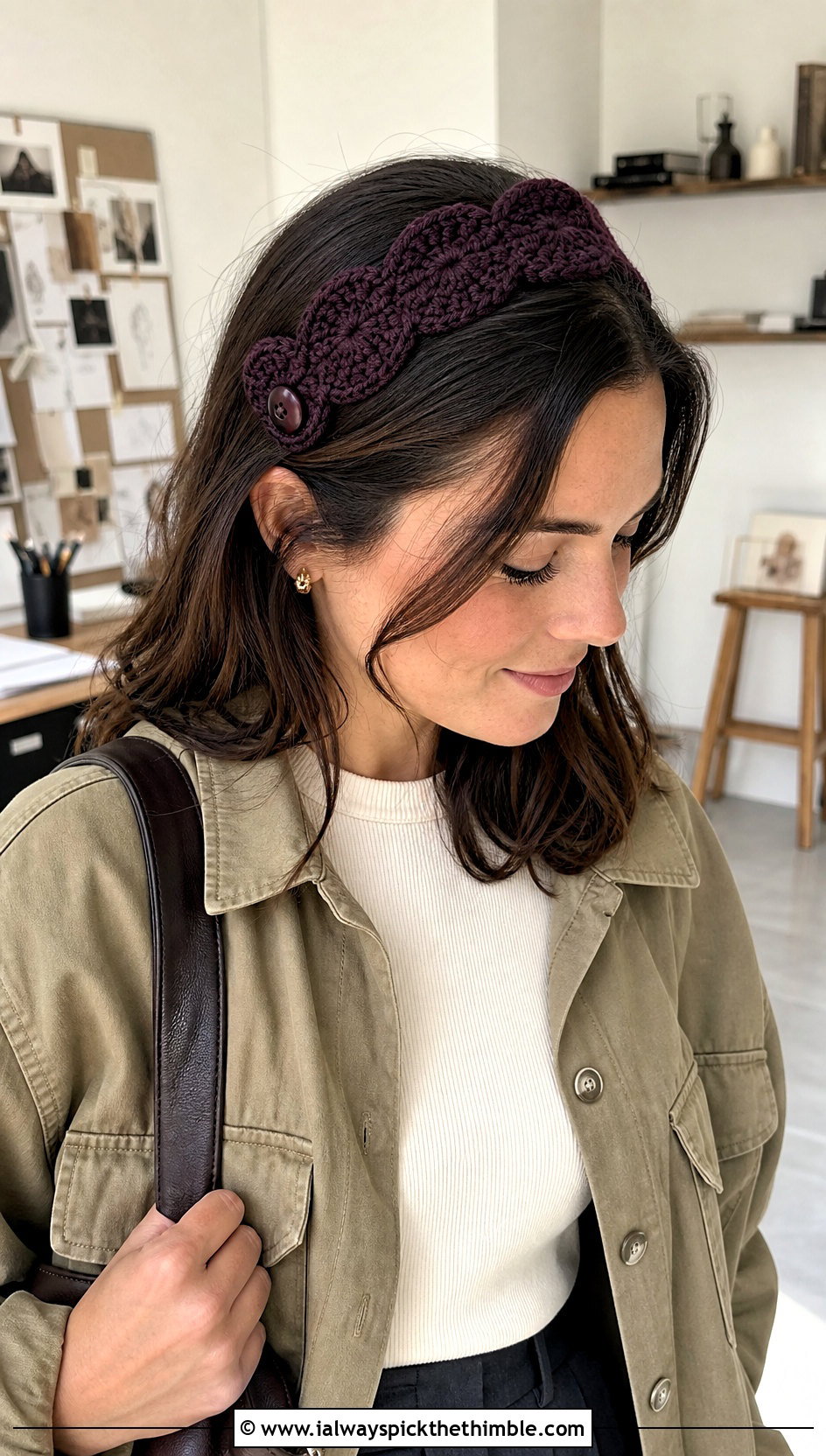 Scalloped Edge Button Headband With Utility Jacket And Wide Leg Pants - 15 Crochet Headband With Button outfit ideas