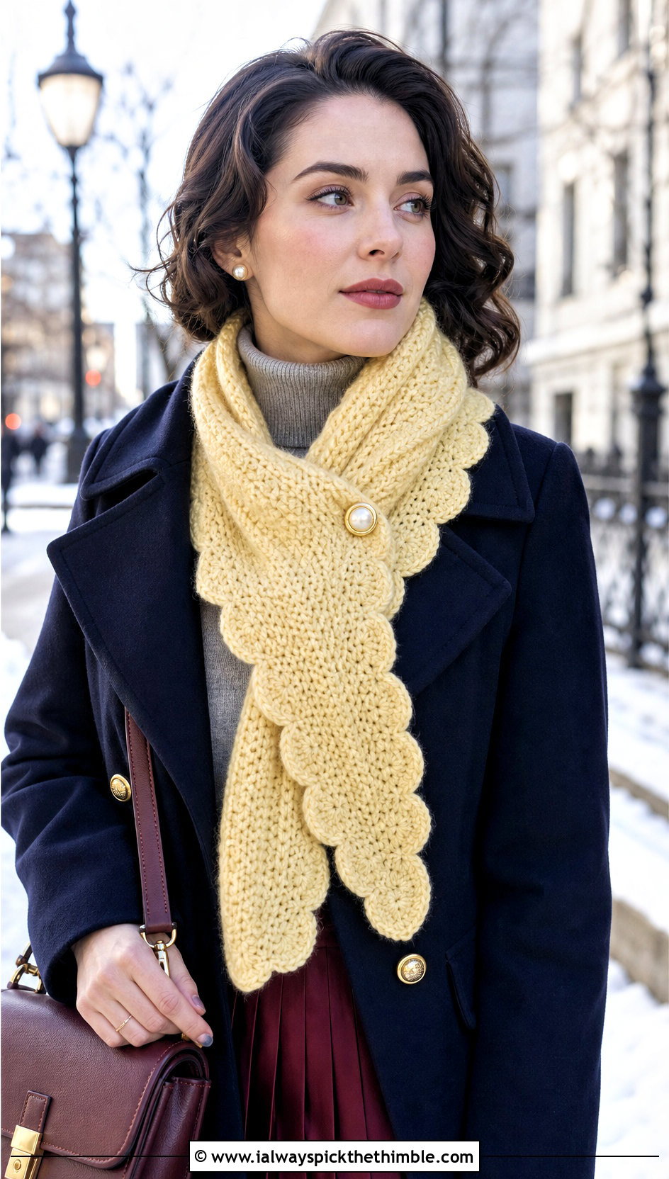 Scalloped Edge Button Scarf With Peacoat - 15 Button Crochet Scarf outfit ideas