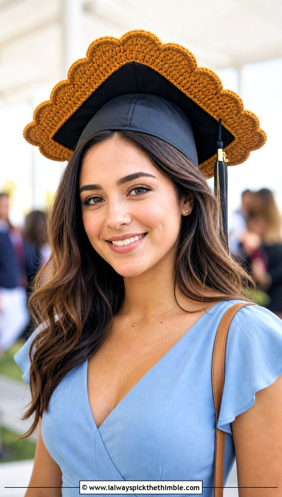 Scalloped Edge Cap Cover With A Line Dress - 20 crochet graduation cap cover outfit ideas