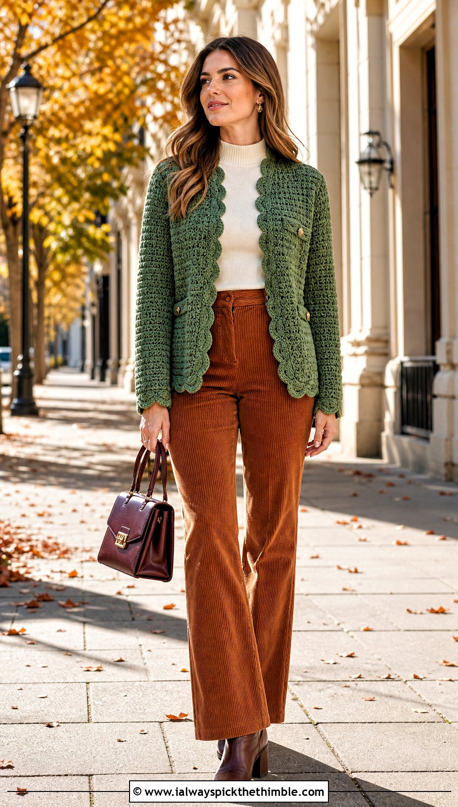 Scalloped Edge Chanel Crochet Cardigan With Corduroy Pants - 20 Chanel Crochet Cardigan outfit ideas
