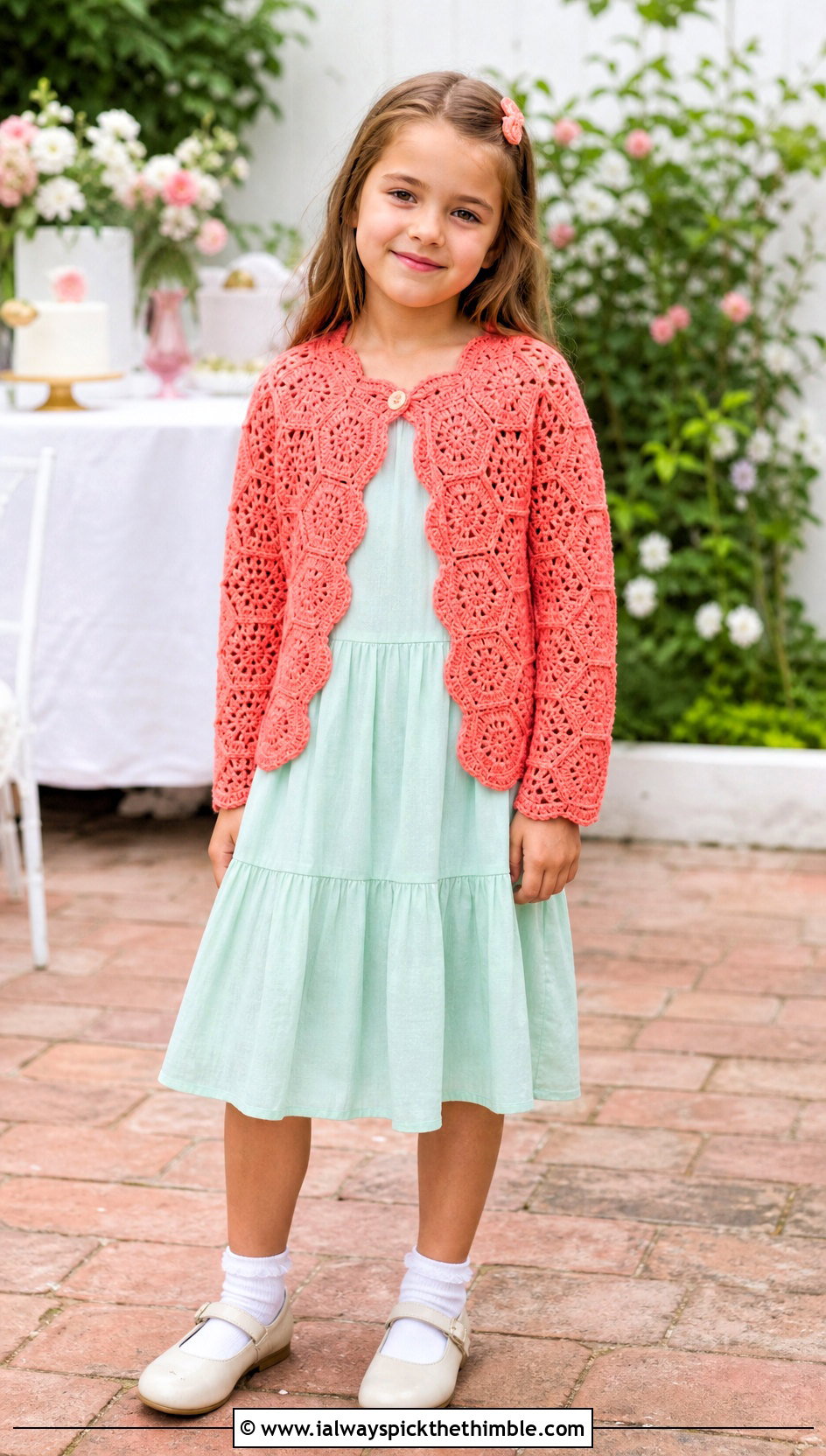 Scalloped Edge Childs Hexagon Cardigan With Cotton Dress - 15 Crochet Childs Hexagon Cardigan outfit ideas