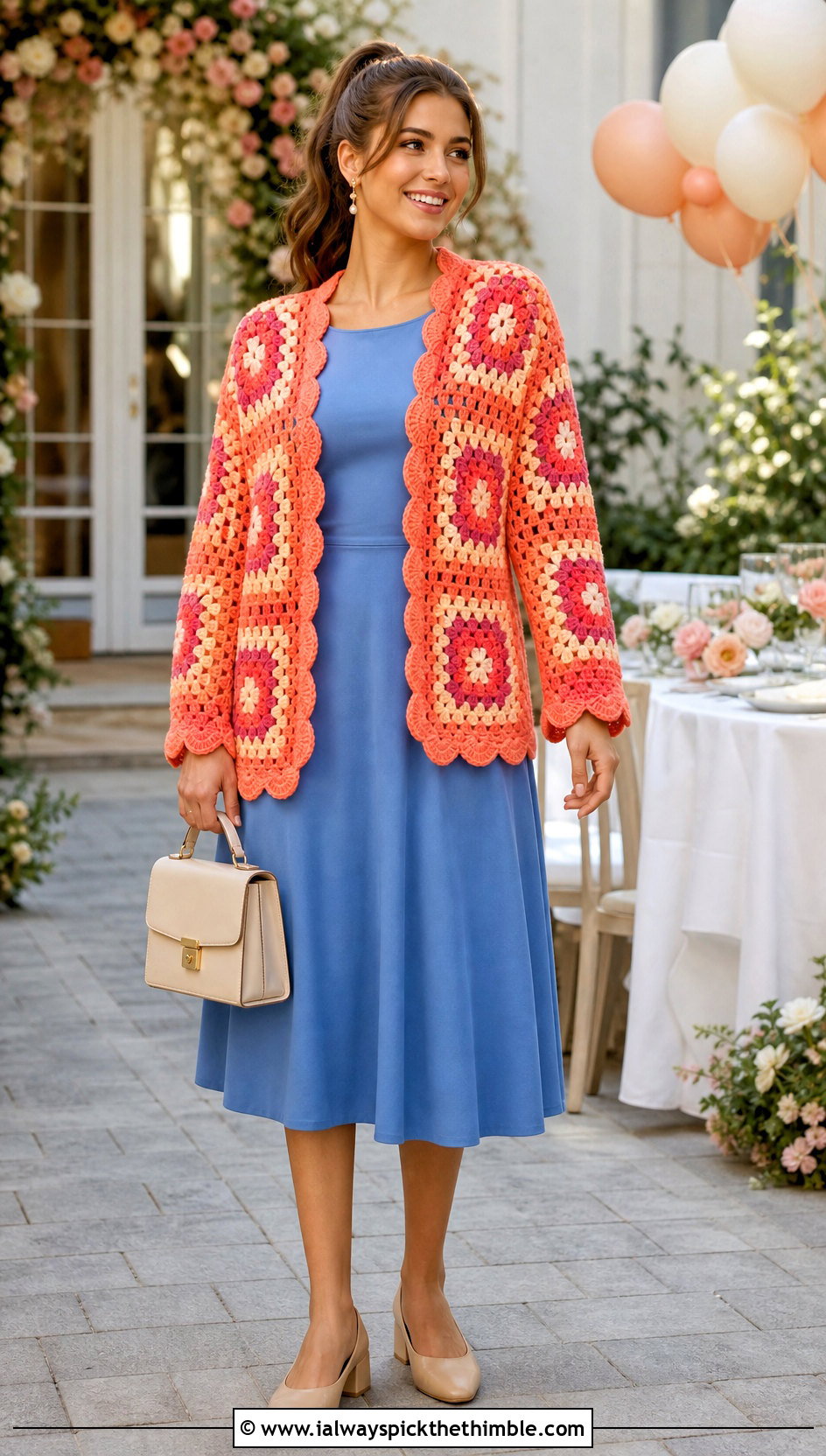 Scalloped Edge Chunky Granny Square Cardigan With Tea Dress - 25 Chunky Granny Square Cardigan outfit ideas