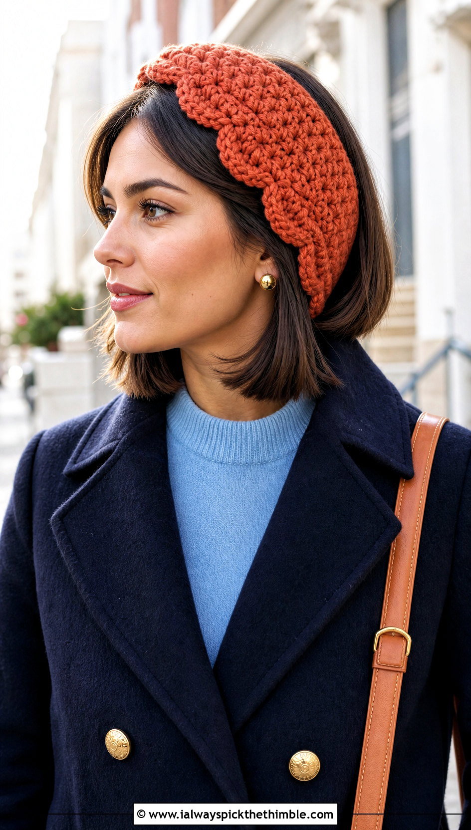 Scalloped Edge Chunky Yarn Crochet Ear Warmer With Peacoat - 20 chunky yarn crochet ear warmer outfit ideas