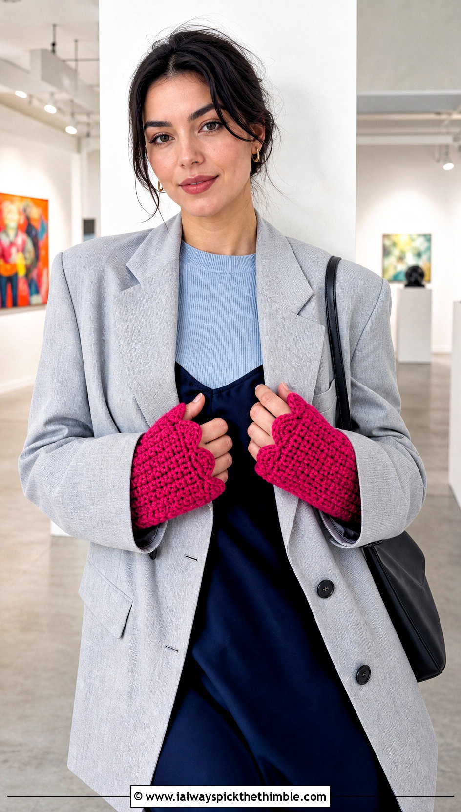 Scalloped Edge Chunky Yarn Crochet Fingerless Gloves With Slip Dress - 20 chunky yarn crochet fingerless gloves outfit ideas