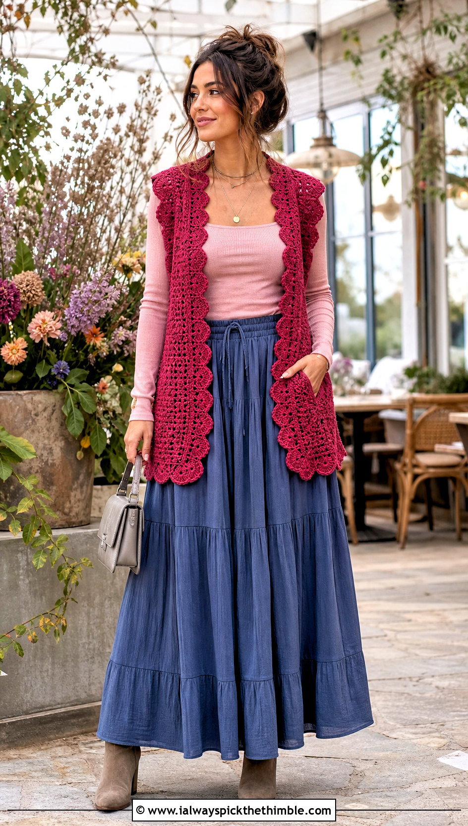 Scalloped Edge Chunky Yarn Crochet Vest With Tiered Maxi Skirt - 20 Chunky Yarn Crochet Vest outfit ideas