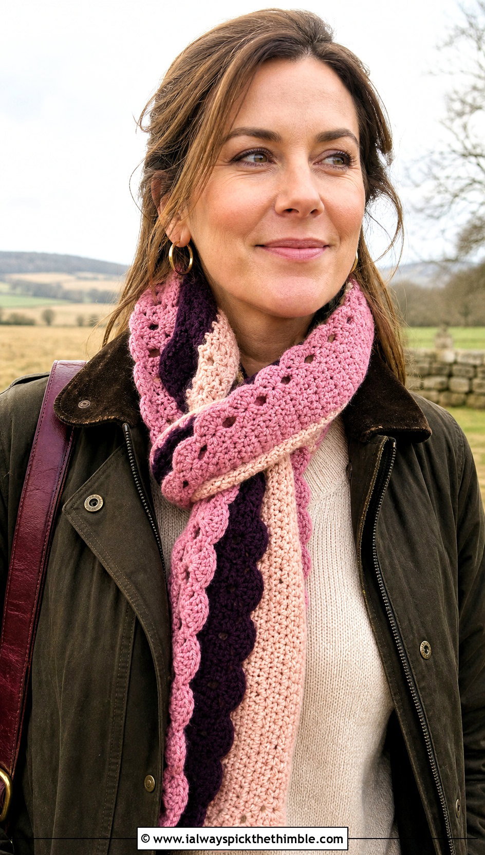 Scalloped Edge Color Block Crochet Scarf With Barn Jacket - 20 Color Block Crochet Scarf outfit ideas