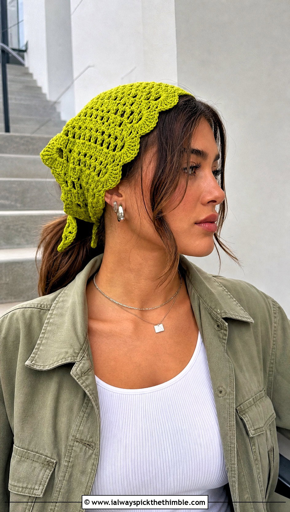 Scalloped Edge Crochet Bandana With Cargo Pants - 20 Crochet Boho Head Scarf outfit ideas