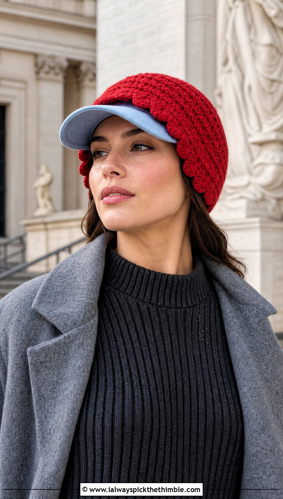 Scalloped Edge Crochet Baseball Cap Ear Warmer With Sweater Dress - 20 crochet baseball cap ear warmer outfit ideas