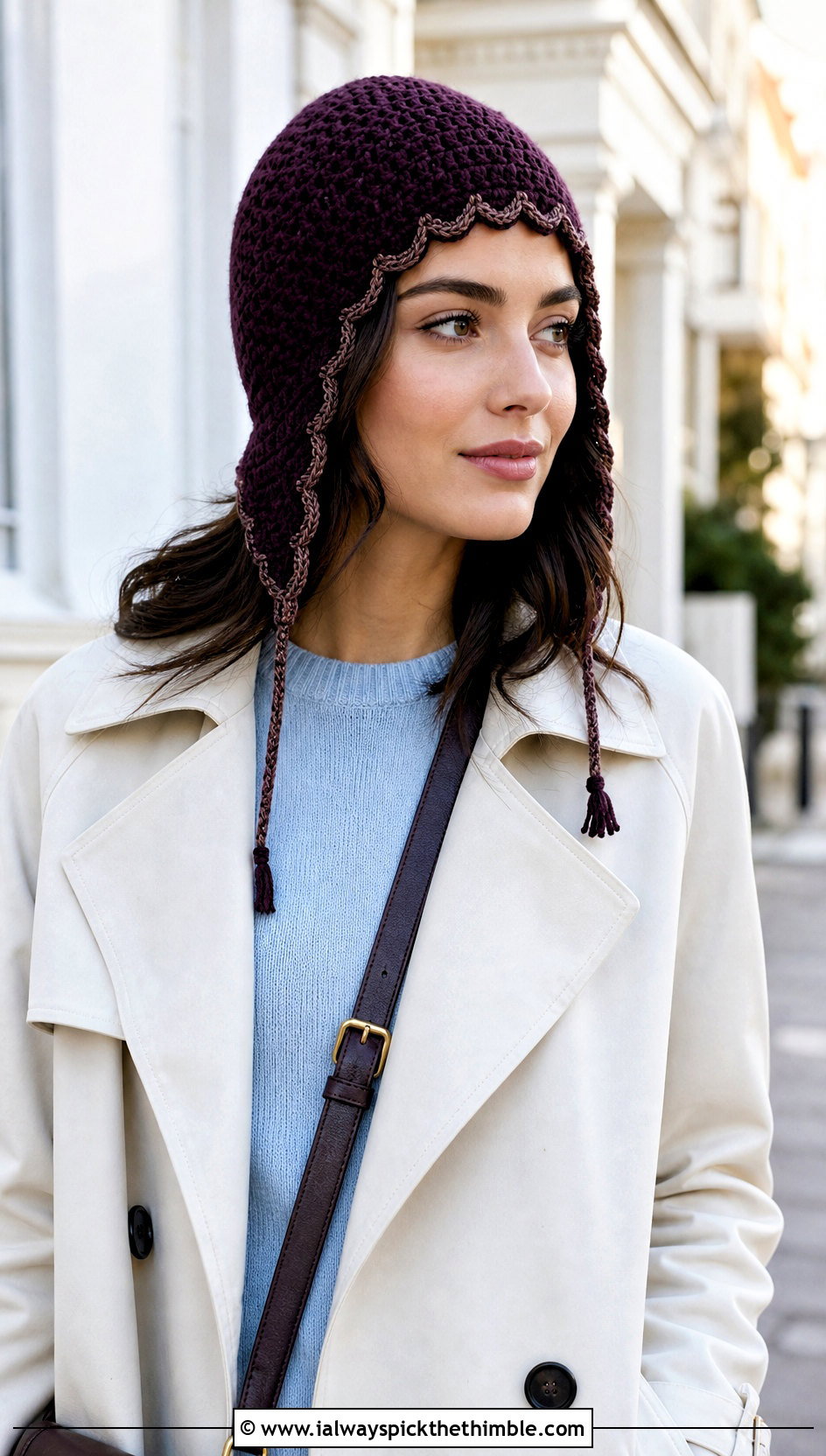 Scalloped Edge Crochet Beanie With Earflaps And Trench Coat - 15 Crochet Beanie With Earflaps outfit ideas