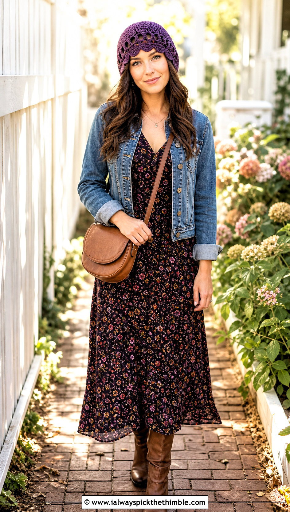 Scalloped Edge Crochet Beanie With Maxi Dress And Boots - 25 cute crochet beanie outfit ideas