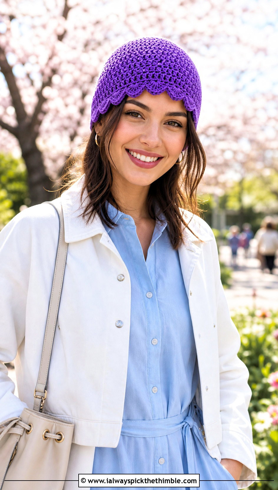 Scalloped Edge Crochet Beanie With Shirt Dress And Sneakers - 25 crochet beanies outfit ideas