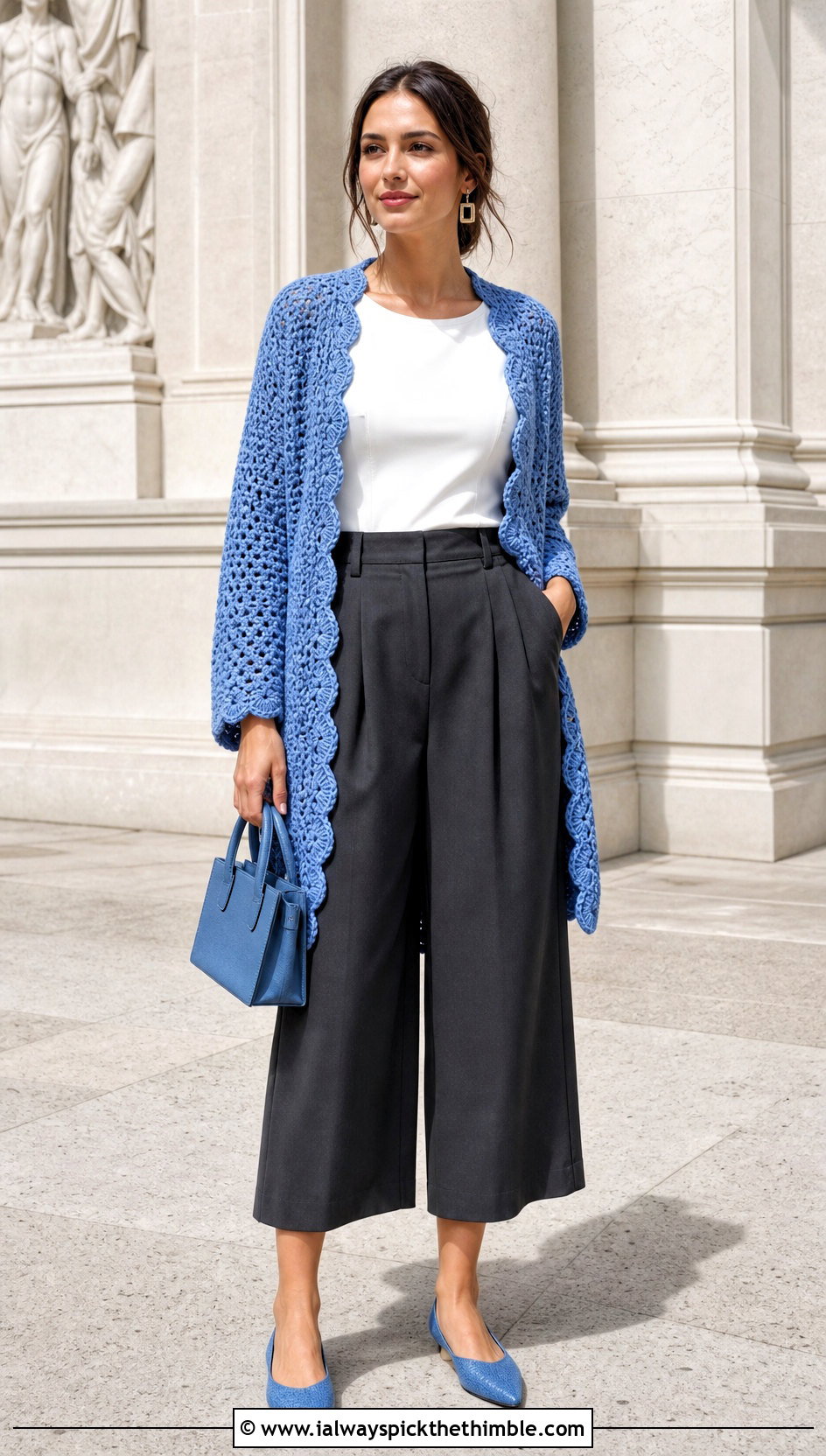 Scalloped Edge Crochet Blanket Cardigan With Culottes - 25 crochet blanket cardigan outfit ideas