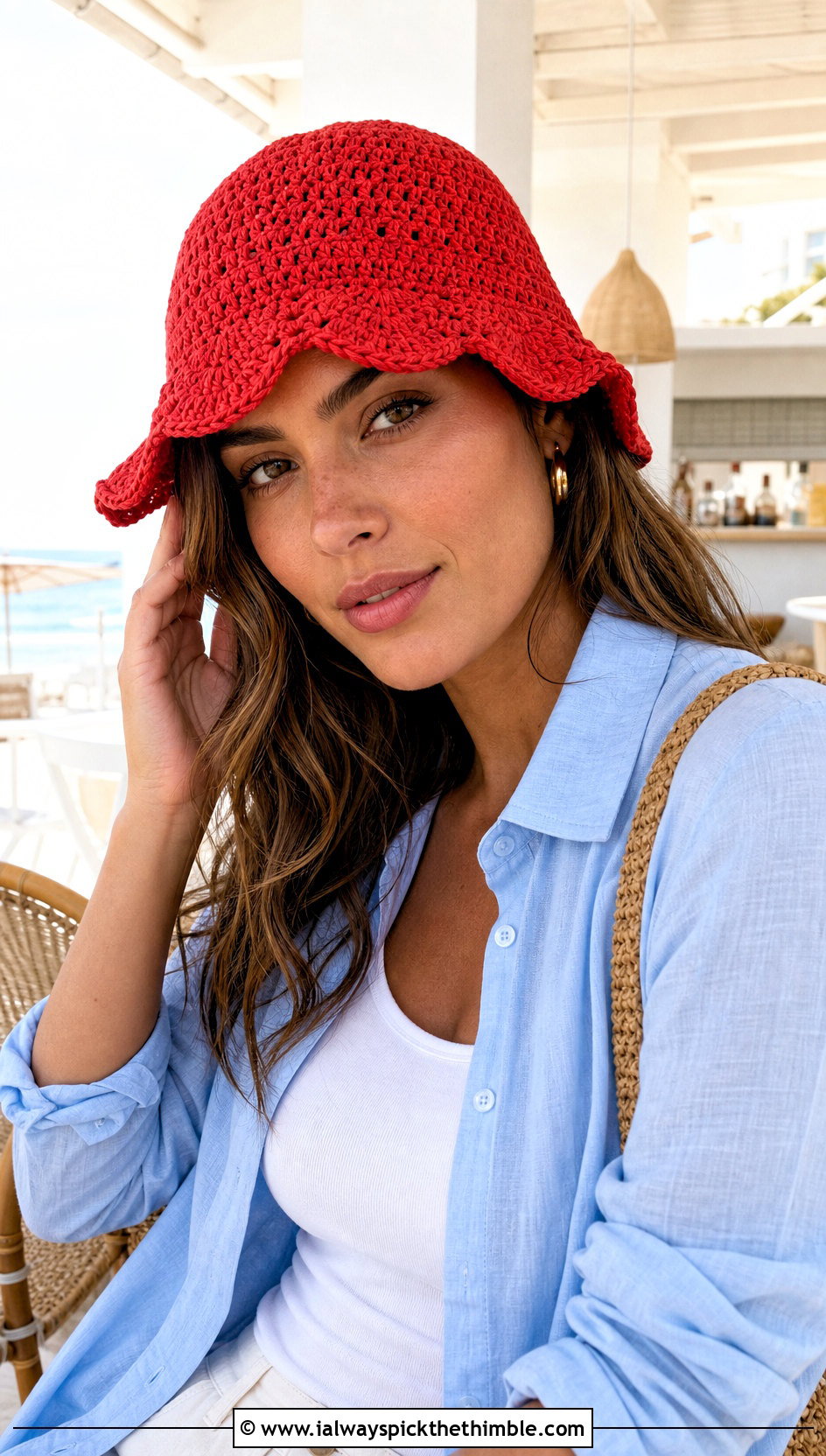Scalloped Edge Crochet Bucket Hat With Linen Shirt And Wide Leg Pants - 20 Frilly Crochet Bucket Hat outfit ideas