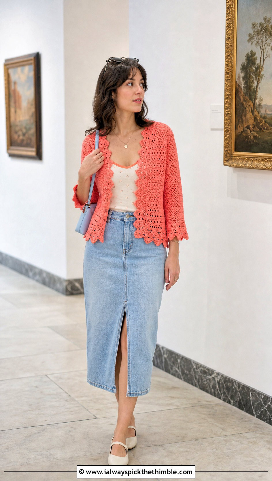 Scalloped Edge Crochet Cardigan With Denim Midi Skirt - 20 crochet women's cardigan outfit ideas