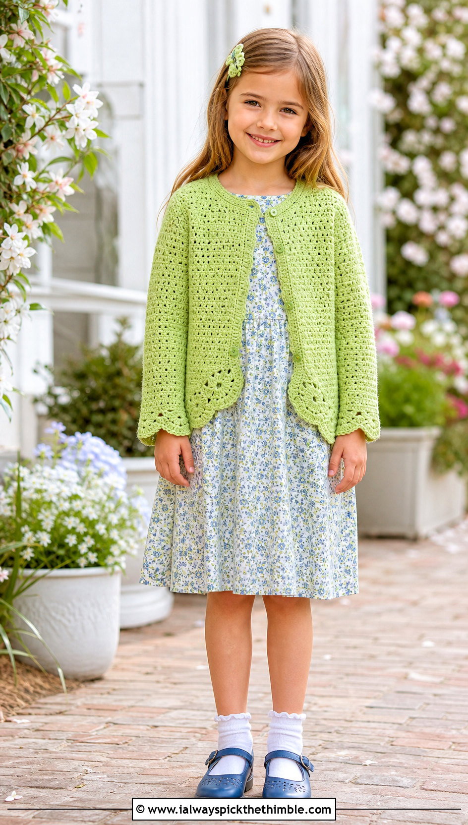 Scalloped Edge Crochet Cardigan With Floral Dress - 20 Childs Crochet Cardigan outfit ideas