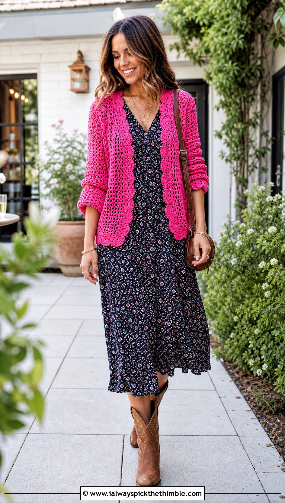 Scalloped Edge Crochet Cardigan With Floral Midi Dress - 20 bohemian crochet cardigan outfit ideas