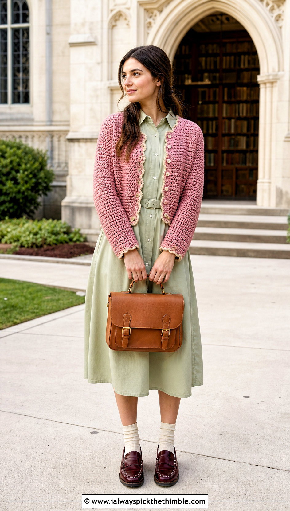 Scalloped Edge Crochet Cardigan With Shirt Dress - 25 ladies crochet cardigan outfit ideas