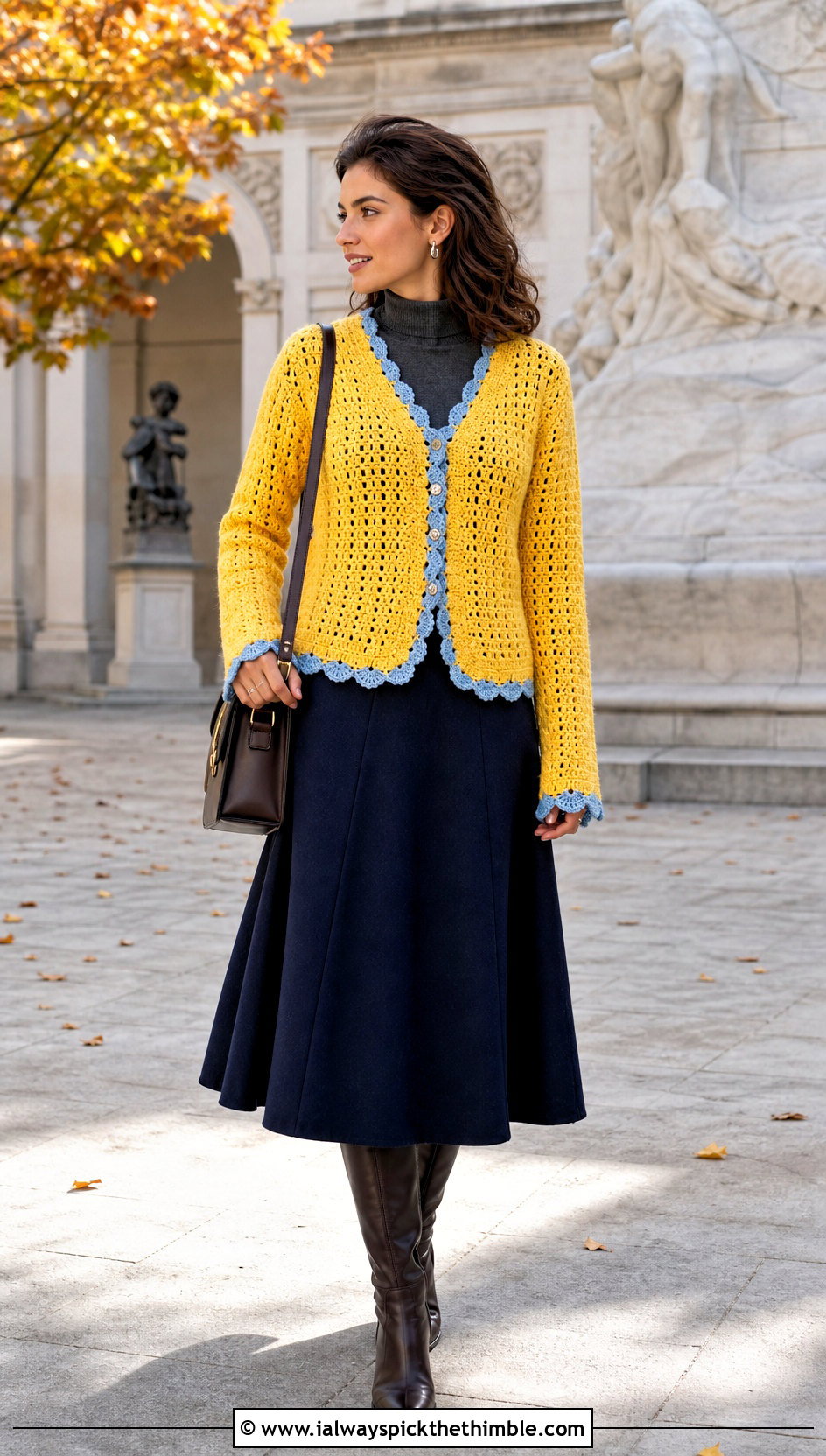 Scalloped Edge Crochet Cardigan With Turtleneck And Wool Skirt - 15 crochet cardigan with blue accents outfit ideas